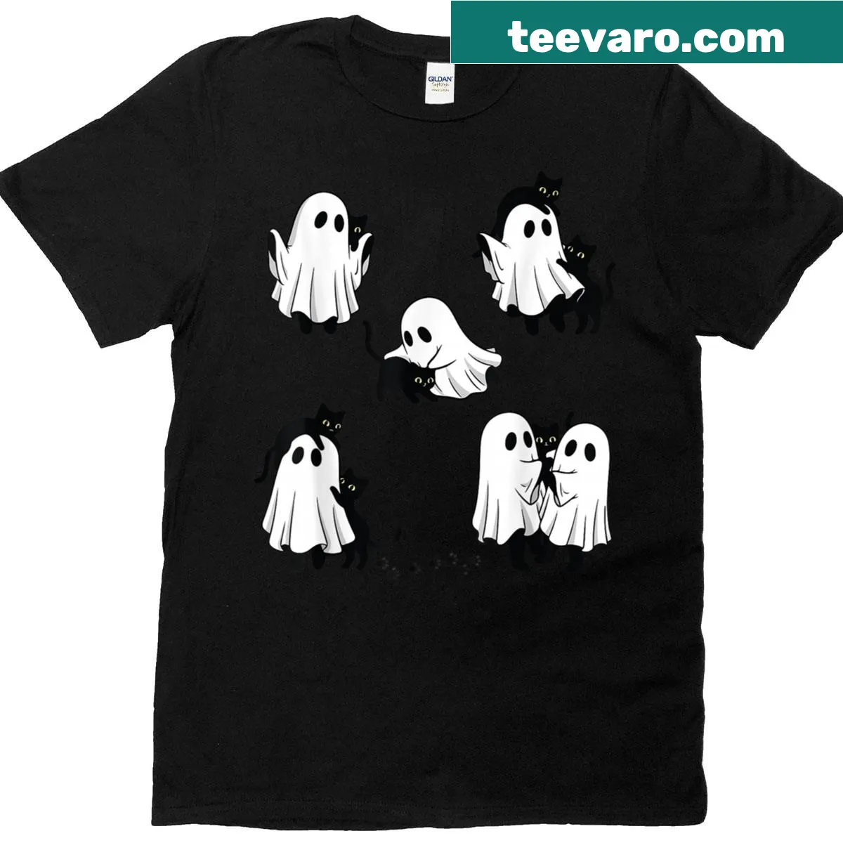 Cute Halloween t-shirt with ghosts and black cats design — on a men's t-shirt