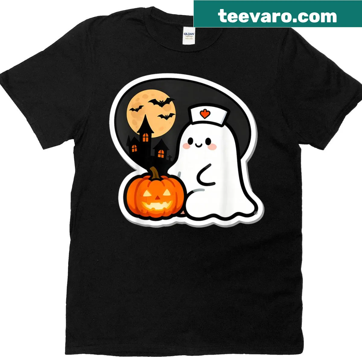 Cute ghost nurse graphic on a Halloween T-shirt — on a men's t-shirt