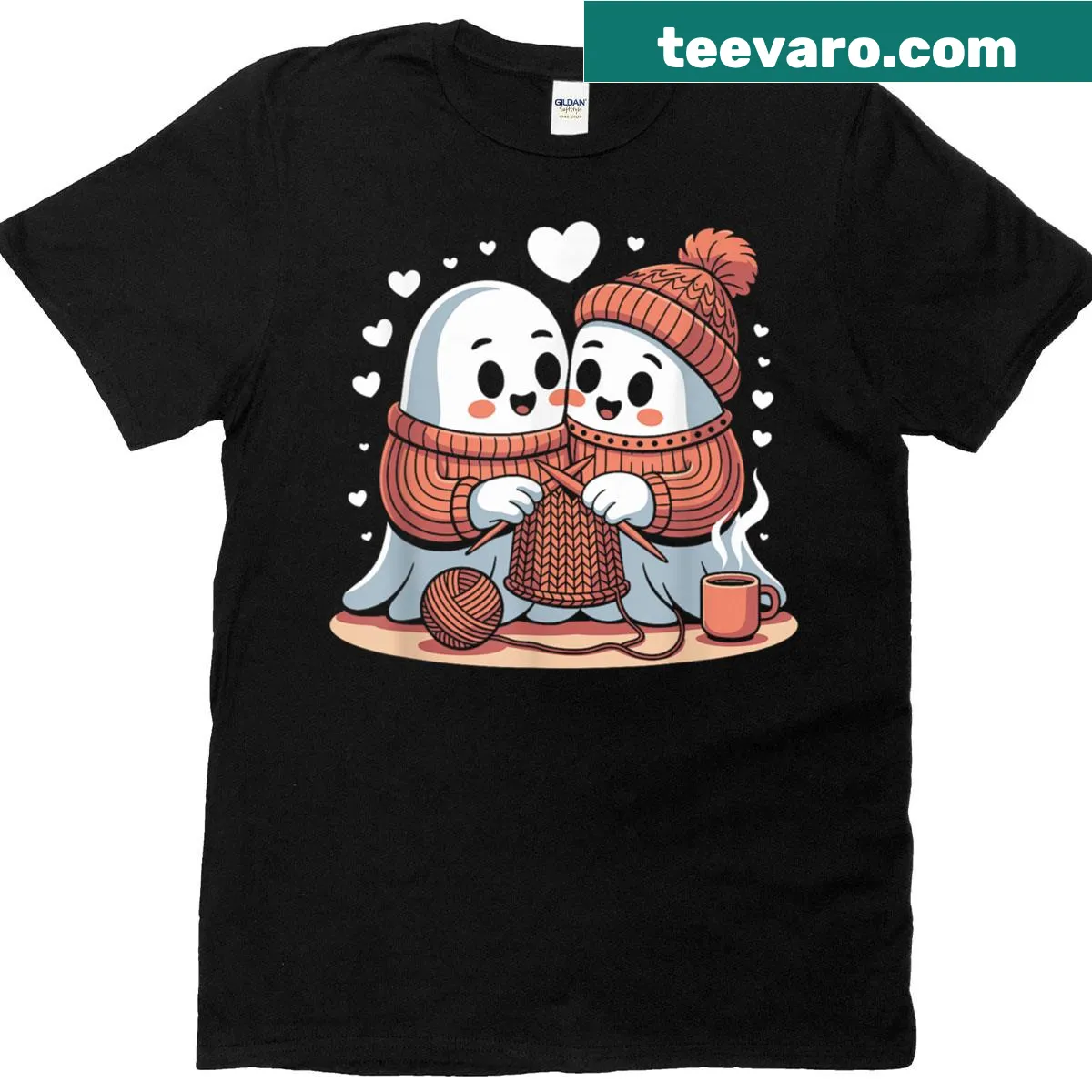 Cartoon knitting ghost Halloween graphic T-shirt — on a men's t-shirt
