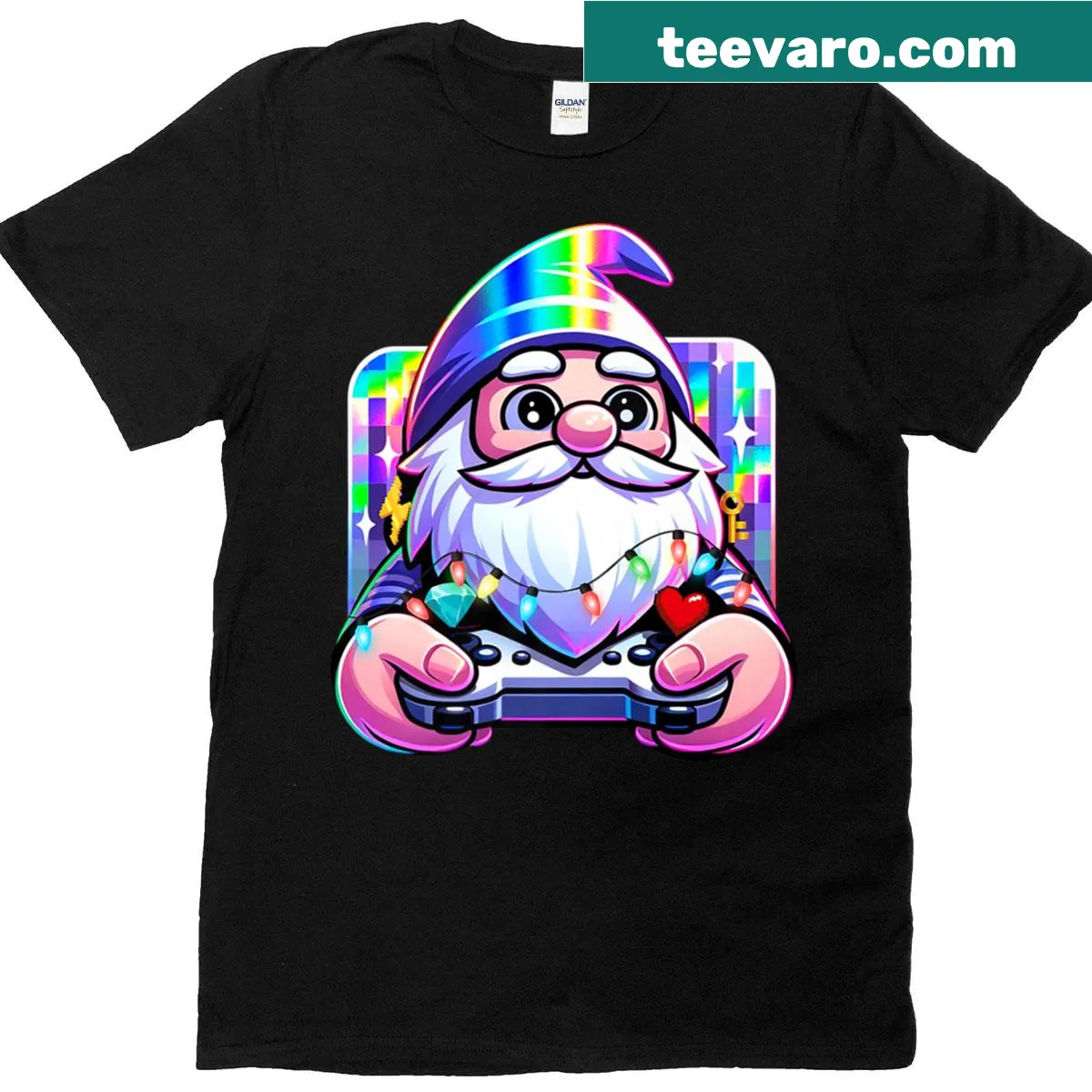 Cartoon gnome playing video games on a t-shirt — on a men's t-shirt