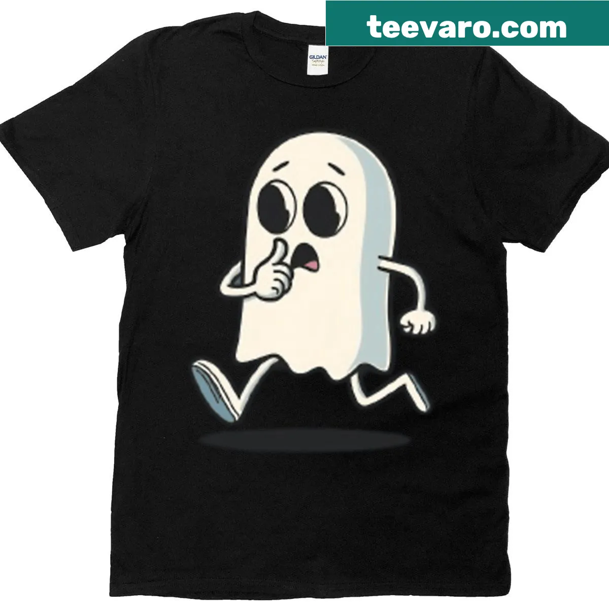 Cartoon-style cute running ghost for Halloween t-shirt — on a men's t-shirt