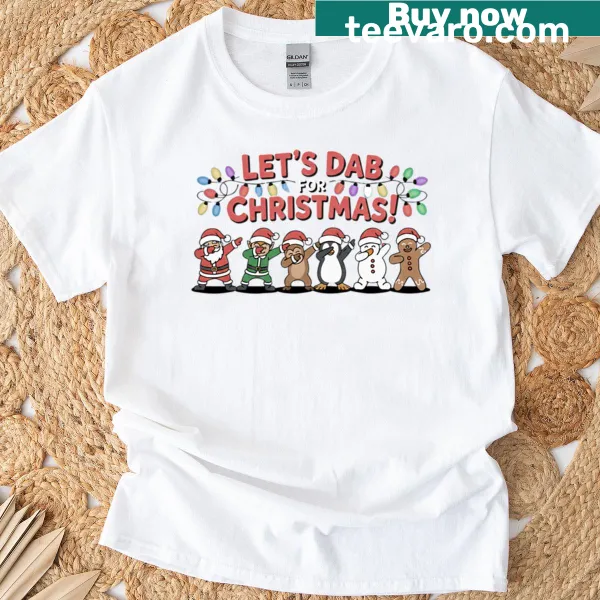 Cartoon graphic T-shirt with funny holiday characters dabbing for Christmas