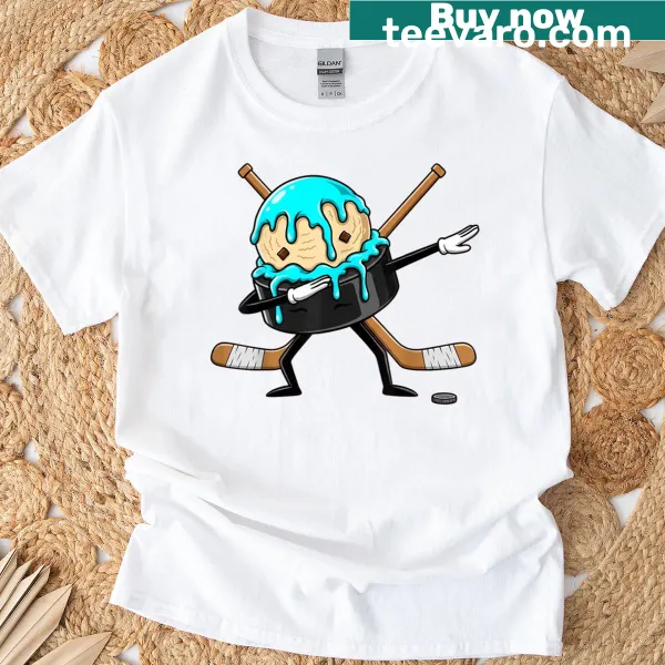Illustration of a dabbing hockey puck dripping ice cream, designed for kids