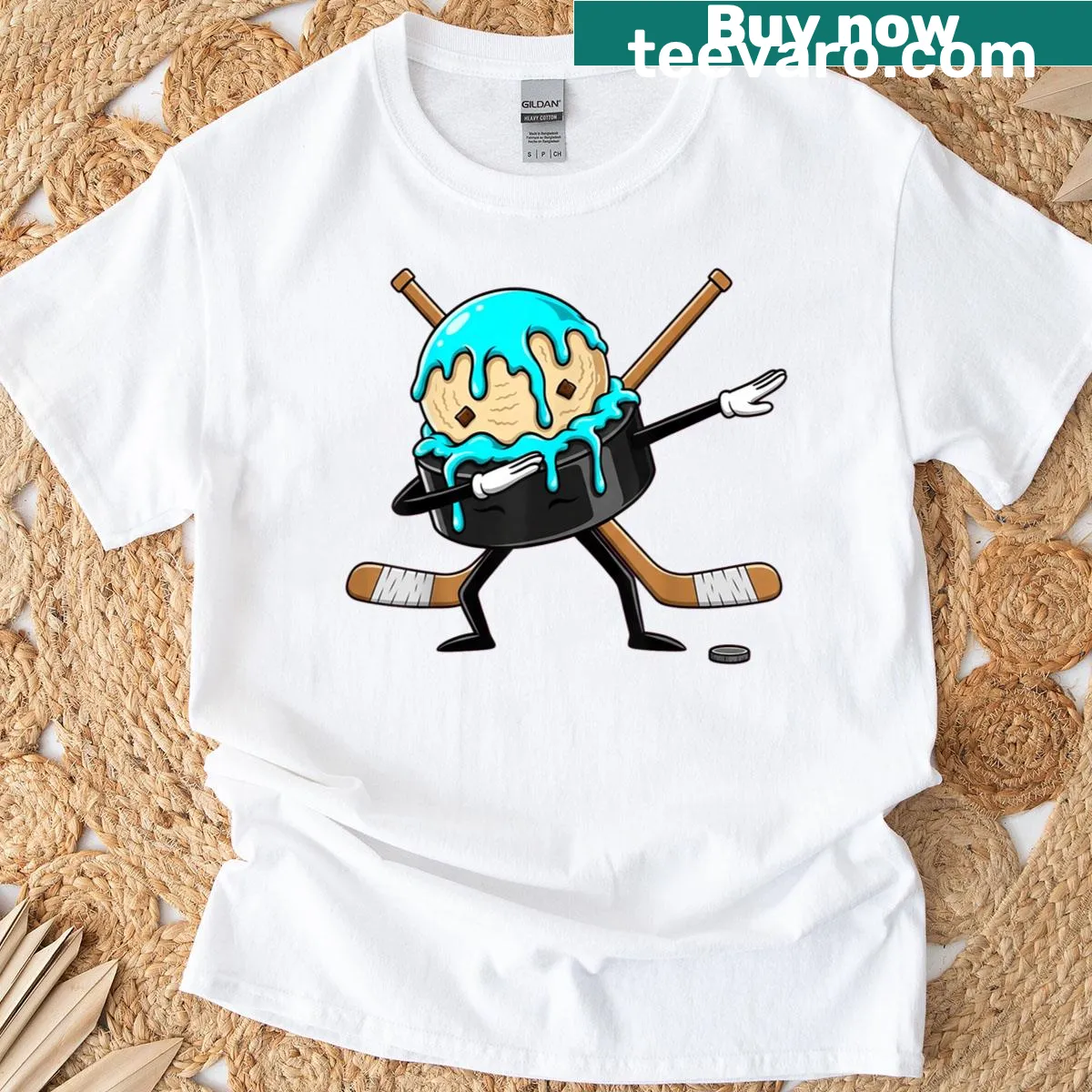 Illustration of a dabbing hockey puck dripping ice cream, designed for kids — on a men's t-shirt