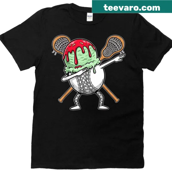 Cartoon lacrosse ball dabbing with dripping ice cream on a kids t-shirt