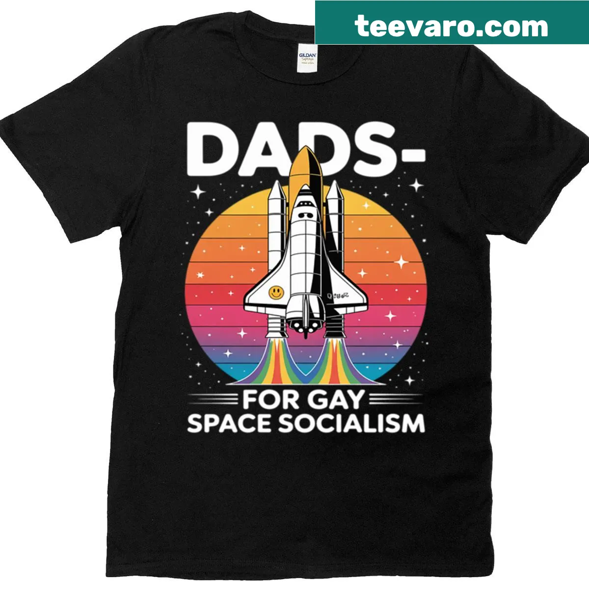 Text graphic t-shirt reading 'Dads For Gay Space Socialism' — on a men's t-shirt