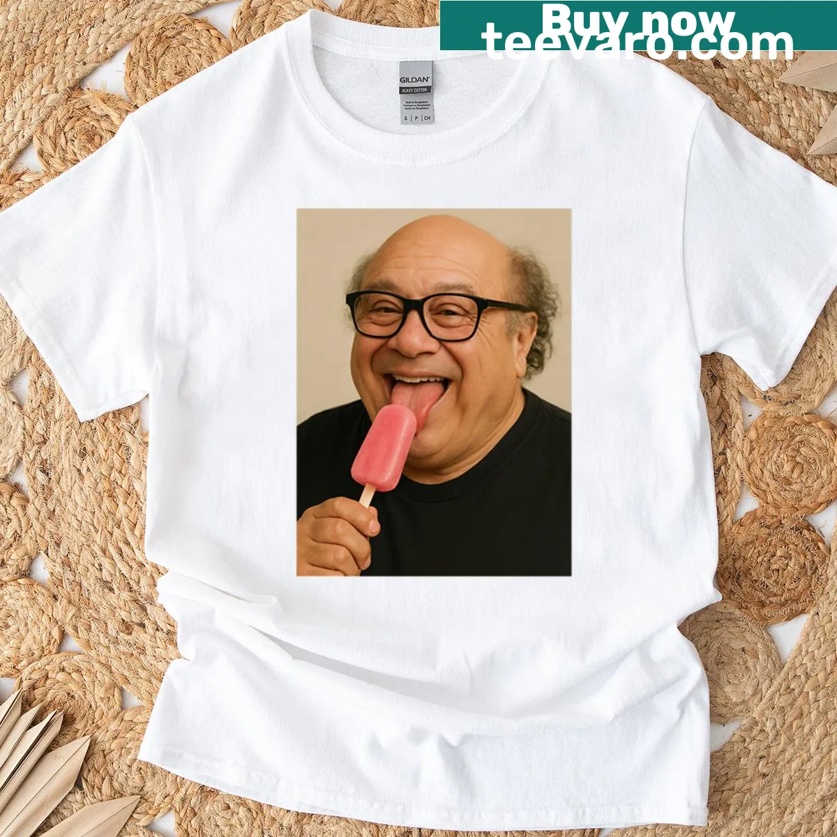 Funny T-shirt featuring cartoon Danny Devito licking a popsicle — on a men's t-shirt