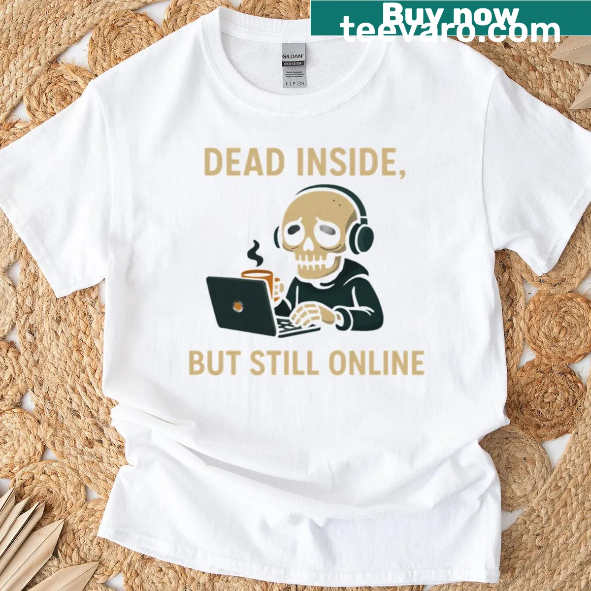 Cartoon T-shirt featuring a skeleton meme with text 'Dead Inside But Still Online' — on a men's t-shirt