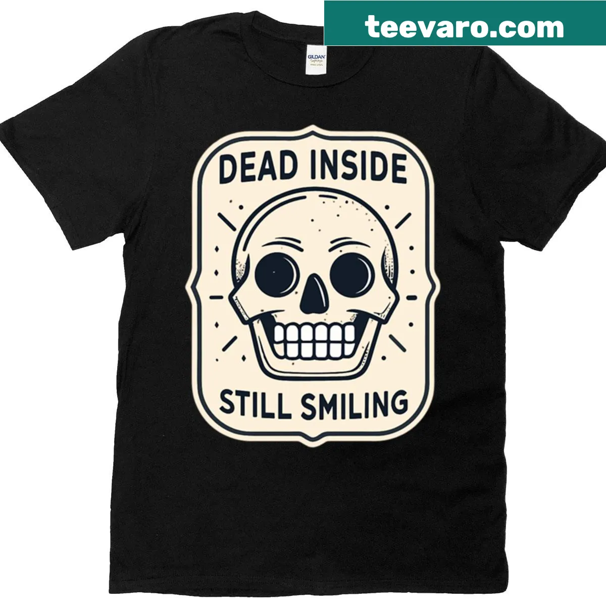 T-shirt featuring a funny skull design with the text 'Dead Inside Still Smiling' — on a men's t-shirt