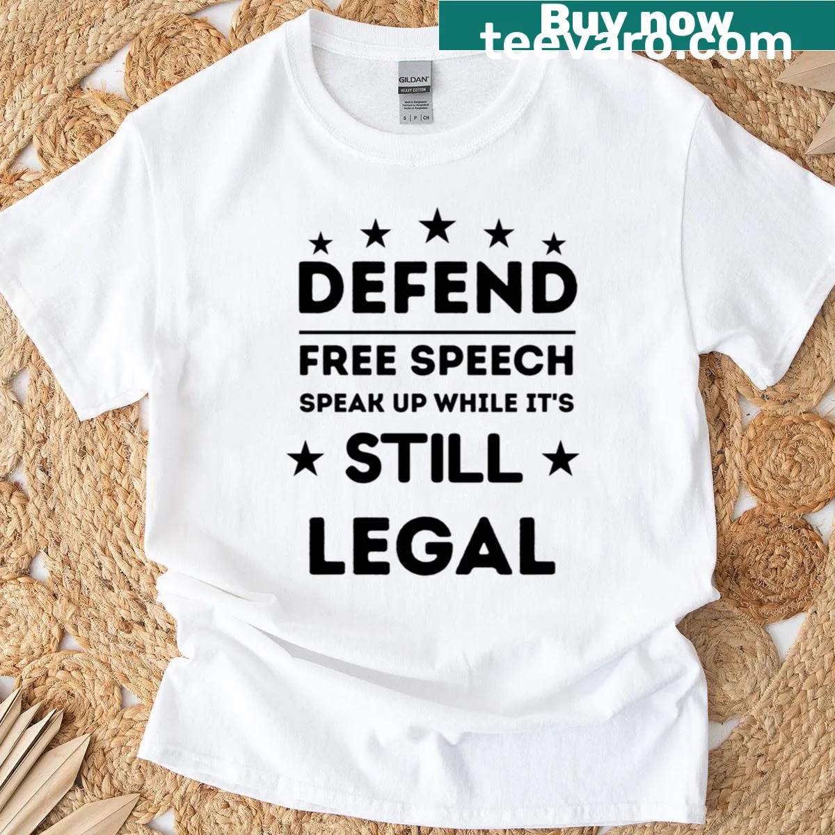 Political statement tee with 'Speak Up While It's Still Legal' text — on a men's t-shirt