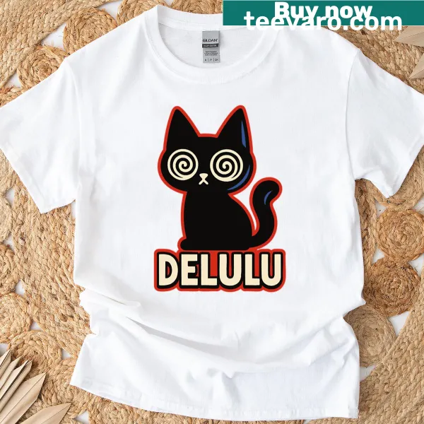 Cartoon cat with spiral eyes graphic on oversized t-shirt
