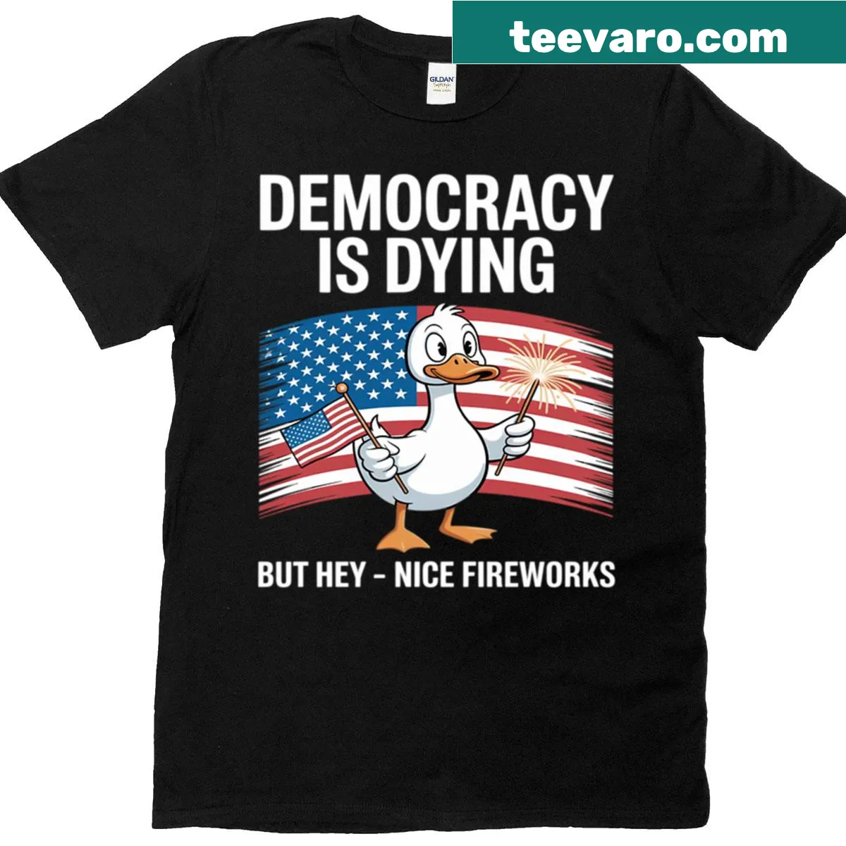 Whimsical t-shirt featuring a duck and fireworks for the Fourth of July — on a men's t-shirt