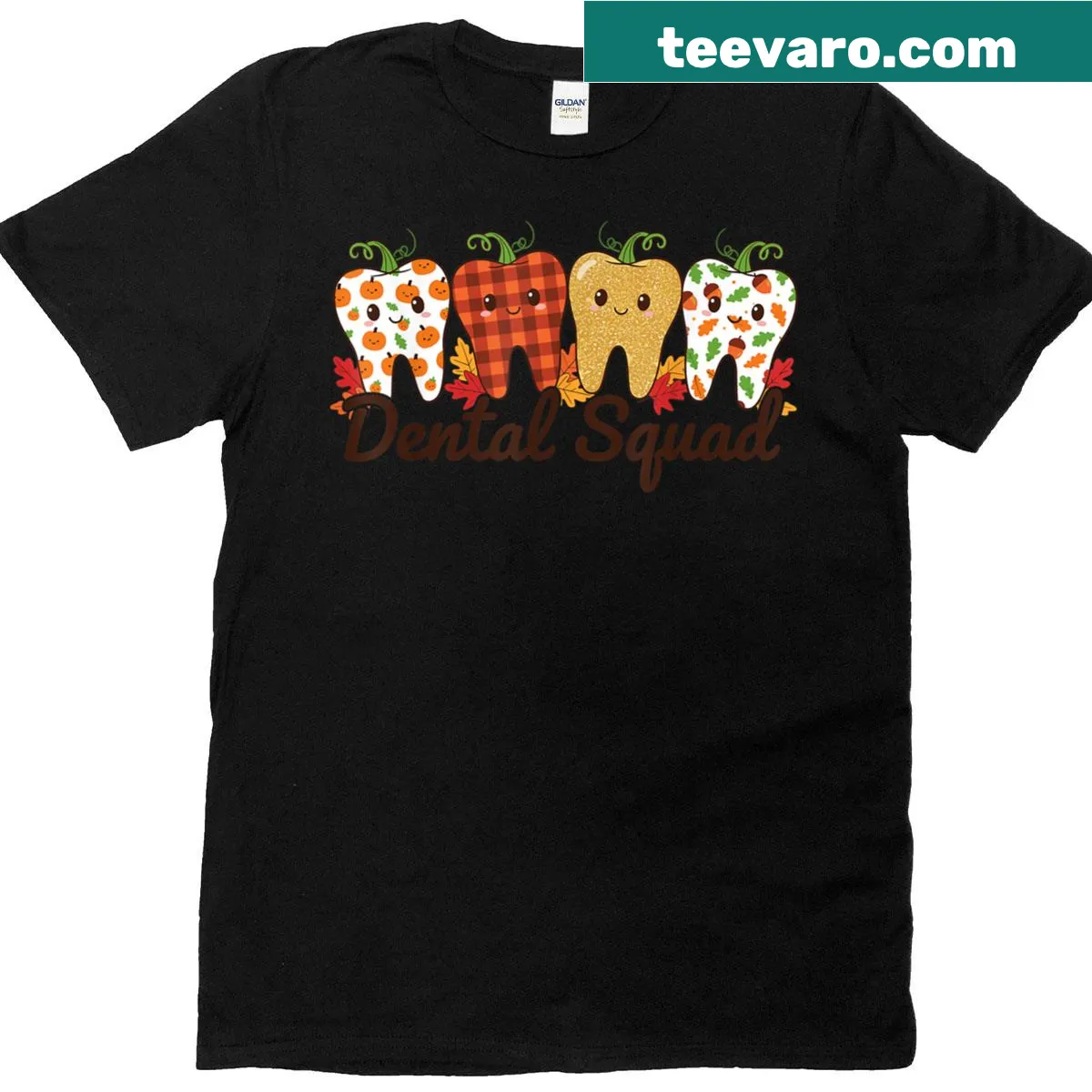 Cute Thanksgiving T-shirt featuring pumpkin tooth and dental theme — on a men's t-shirt