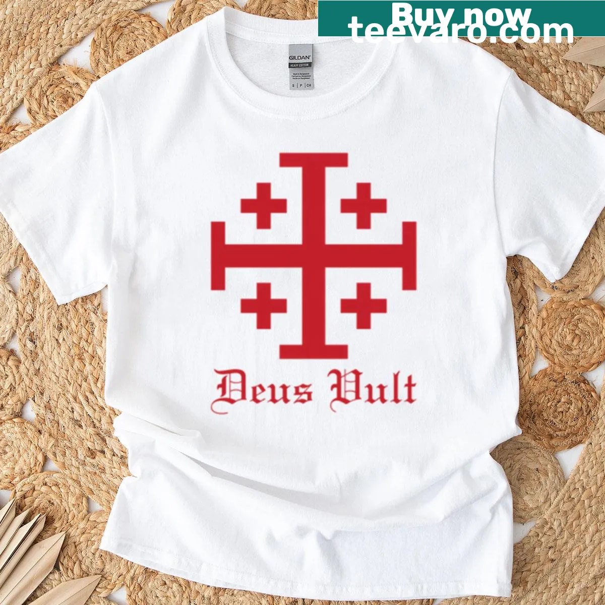 Jerusalem Cross graphic on Knight T-shirt representing the Holy Sepulchre Order — on a men's t-shirt