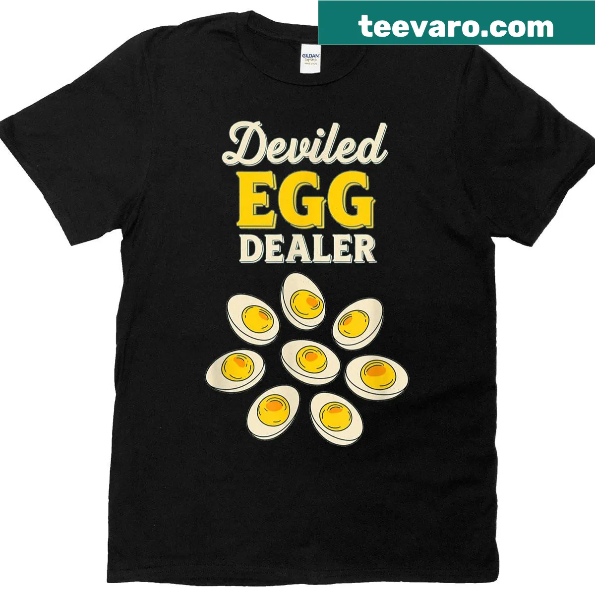 Retro shirt with humorous text about being a deviled egg dealer — on a men's t-shirt