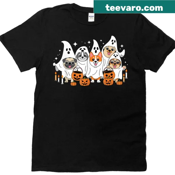 Cartoon ghost dog illustration on a Halloween T-shirt
