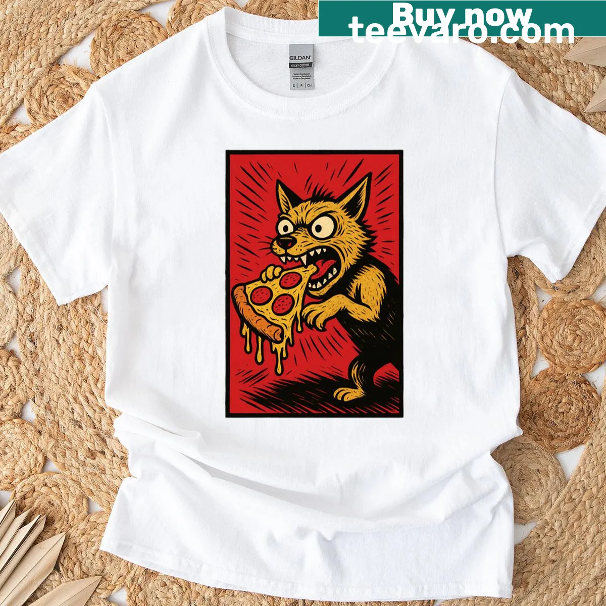 Cartoon T-shirt featuring a dog in a playful duel with a pizza slice — on a men's t-shirt