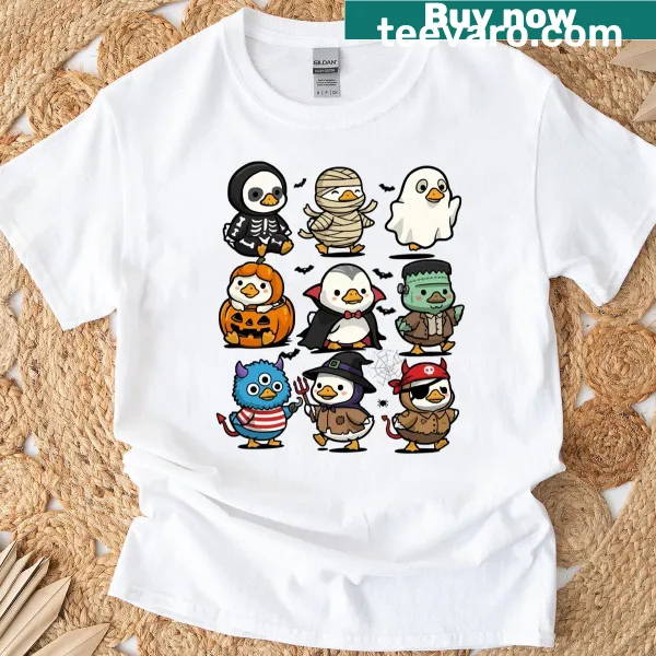 Funny Halloween Duck T-shirt featuring a cartoon duck in a costume