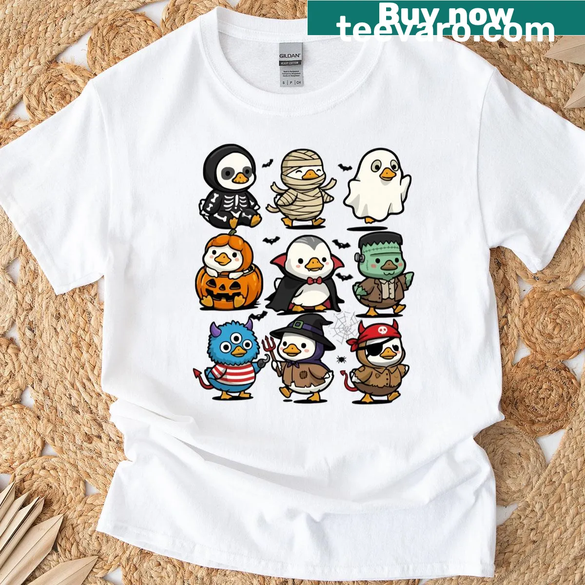 Funny Halloween Duck T-shirt featuring a cartoon duck in a costume — on a men's t-shirt