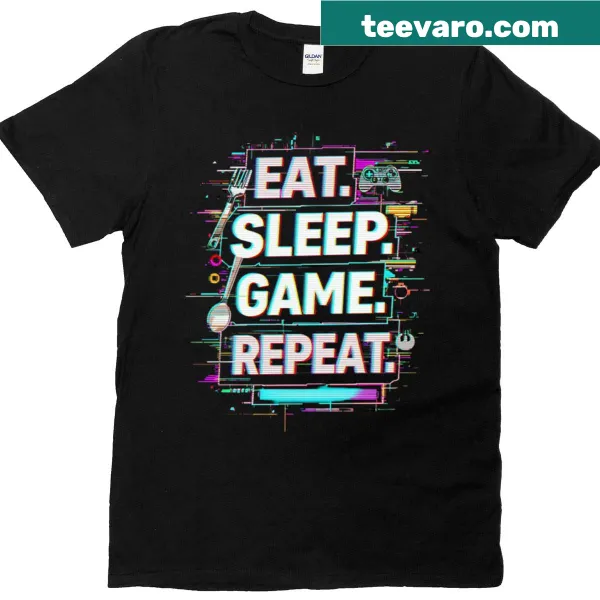 T-shirt with 'Eat Sleep Game Repeat' glitched design