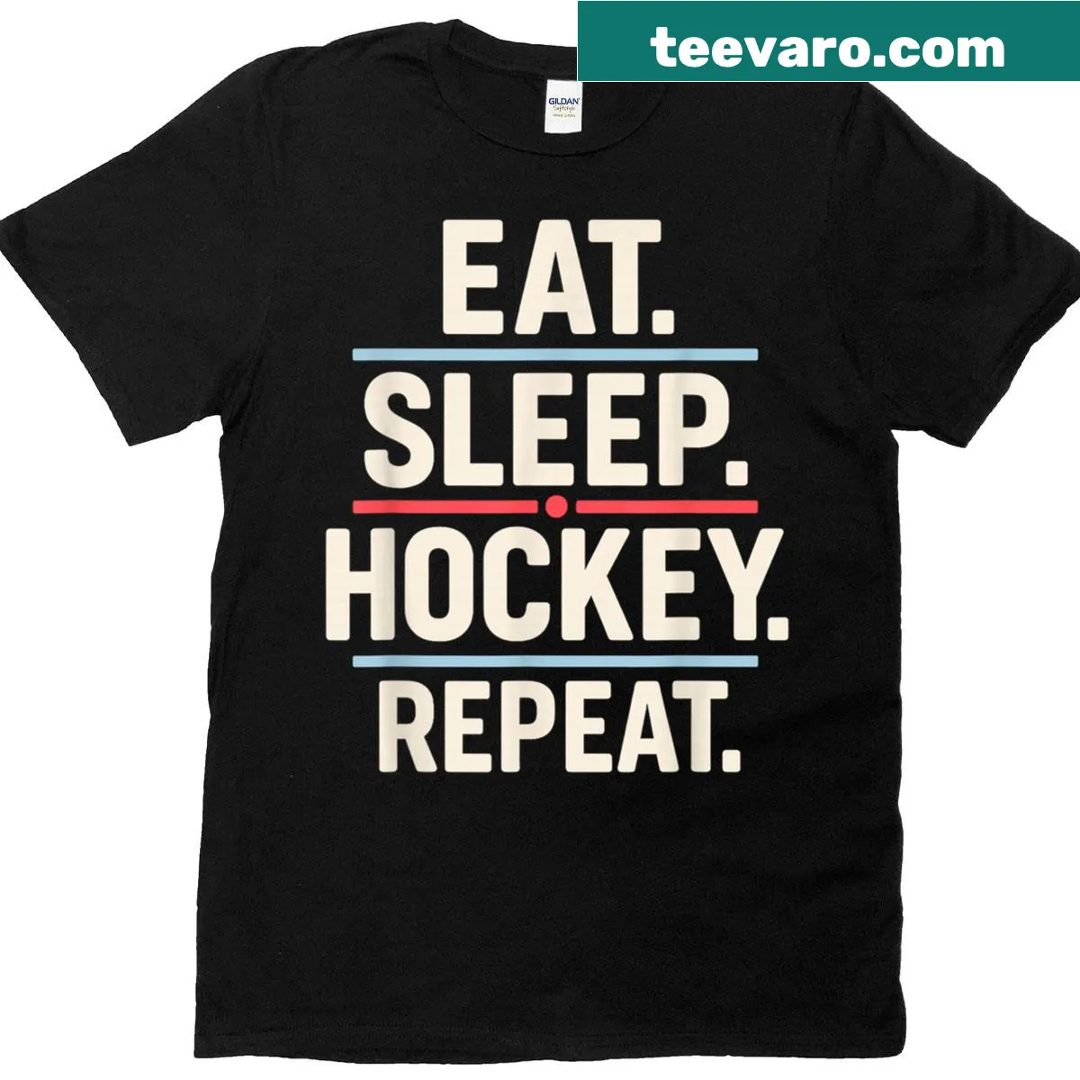 Funny hockey quote T-shirt with 'Eat Sleep Hockey Repeat' text — on a men's t-shirt
