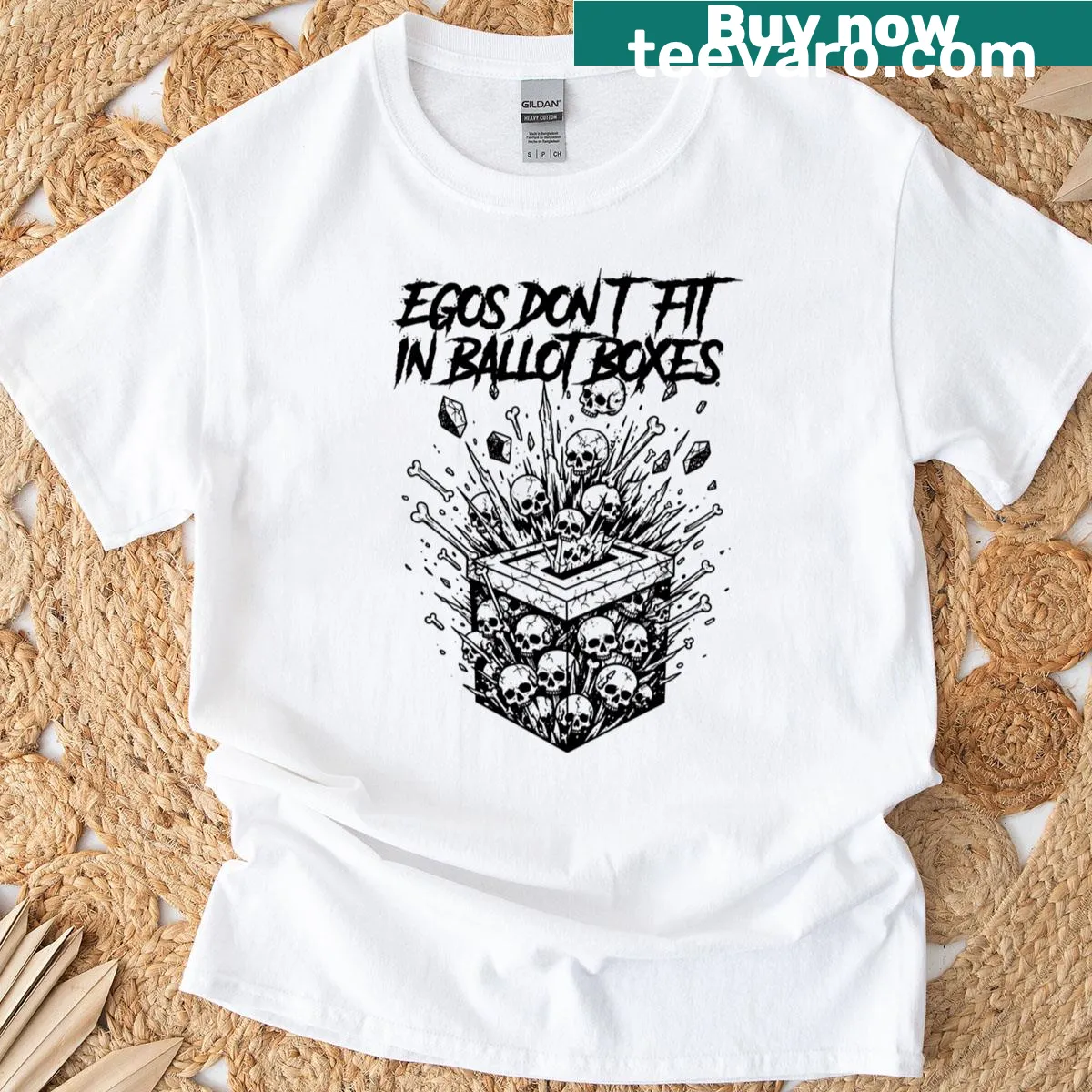 Oversized t-shirt with the phrase 'Egos Dont Fit In Ballot Boxes' — on a men's t-shirt