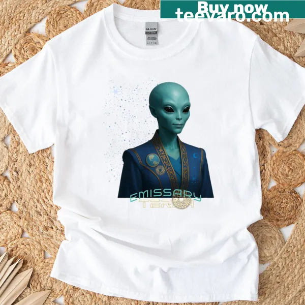 Minimalist T-shirt with bold typography reading 'Emissary' in a boxy fit
