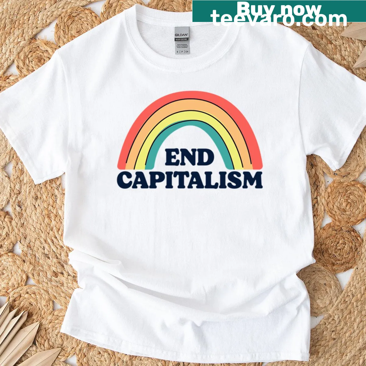 Oversized T-shirt with humorous text 'End Capitalism' in a playful font — on a men's t-shirt