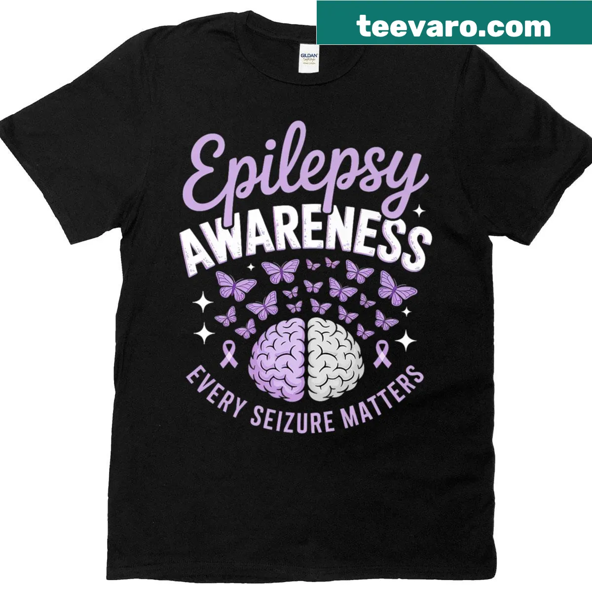 Epilepsy awareness T-shirt with purple brain butterfly design — on a men's t-shirt