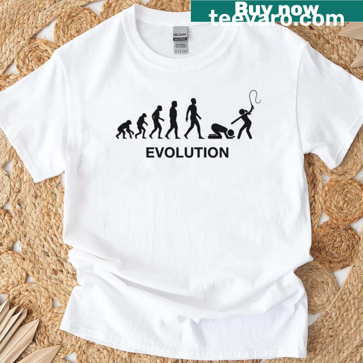 Inspirational T-shirt featuring the phrase 'Evolution: Who's In Charge Now' in clear typography — on a men's t-shirt