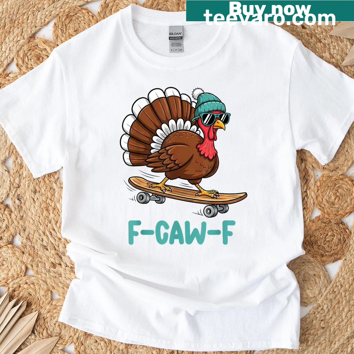 Cartoon turkey skateboarder t-shirt with humorous Thanksgiving theme — on a men's t-shirt