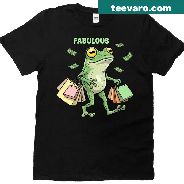 Cartoon frog character holding cash on a shopping-themed t-shirt