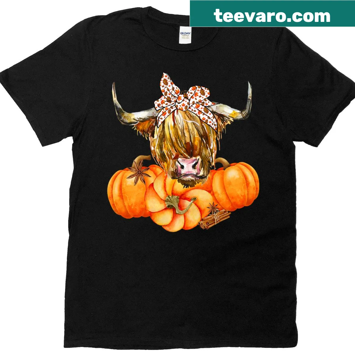 Autumn-themed T-shirt featuring a Highland cow with pumpkins. — on a men's t-shirt