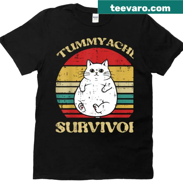 Humorous design of a fat cat with the text 'Tummy Ache Survivor.'
