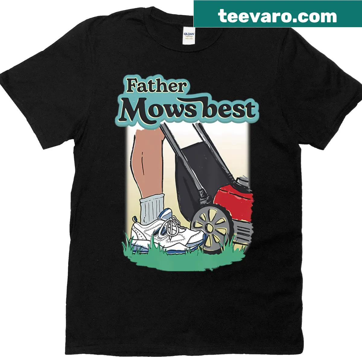 Retro T-shirt with 'Father Mows Best' text design for dads — on a men's t-shirt