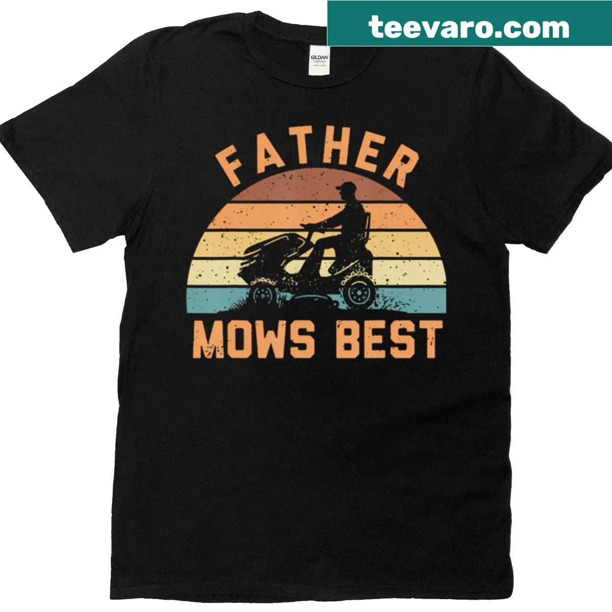 Retro design T-shirt with 'Father Mows Best' text and mower graphic — on a men's t-shirt