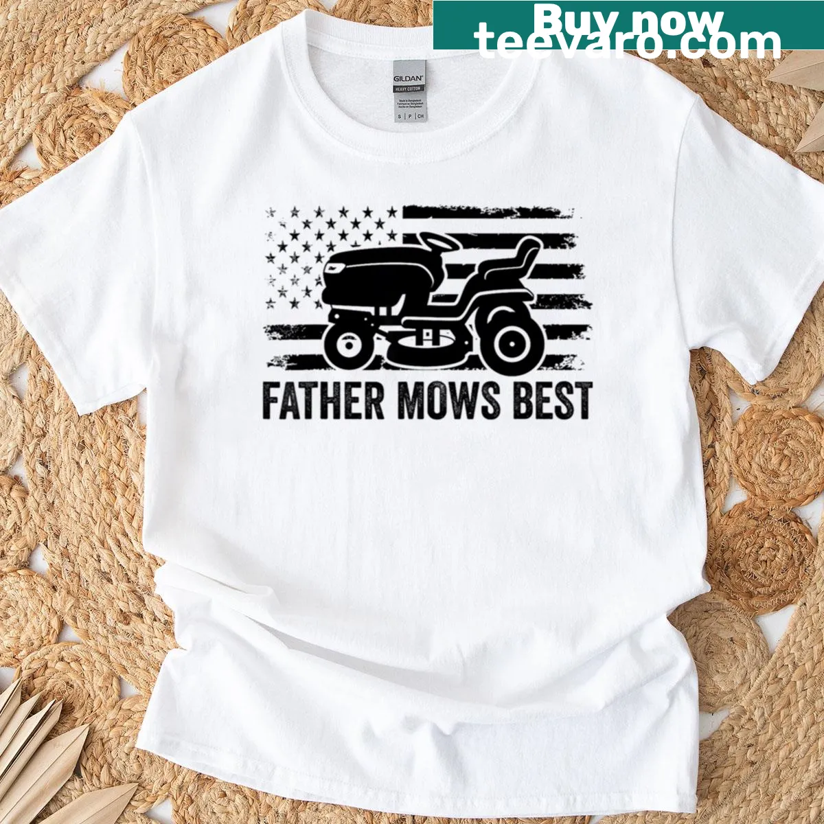 Typography design with 'Father Mows Best' text — on a men's t-shirt