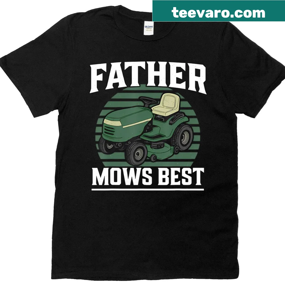 Funny gardener-themed t-shirt featuring a lawn mower illustration for dads — on a men's t-shirt