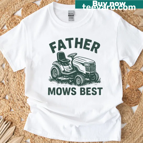 Retro design featuring a lawn mower and 'Father Mows Best' text