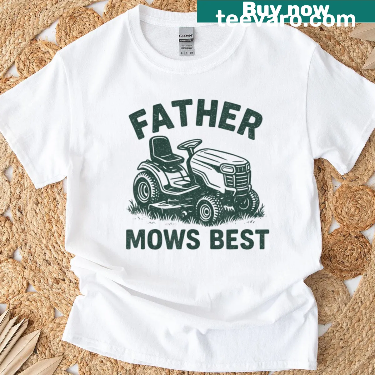 Retro design featuring a lawn mower and 'Father Mows Best' text — on a men's t-shirt