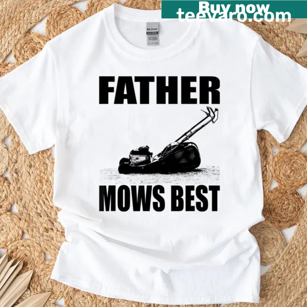 Retro Father Mows Best t-shirt with a dad mowing the lawn graphic