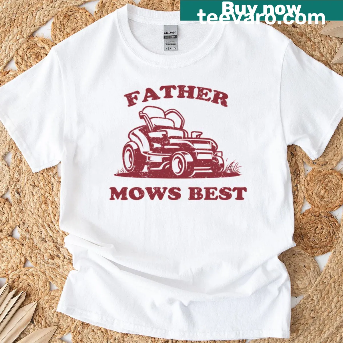 Vintage-style t-shirt with 'Father Mows Best' text — on a men's t-shirt
