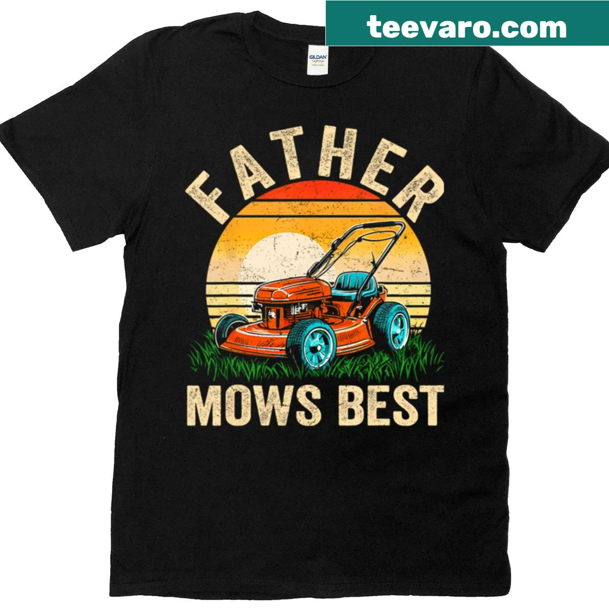 Funny dad t-shirt featuring a lawn mower and 'Father Mows Best' — on a men's t-shirt