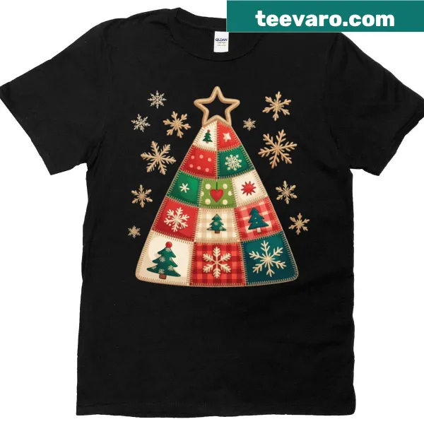 Cozy family t-shirt with a festive Christmas tree patchwork design
