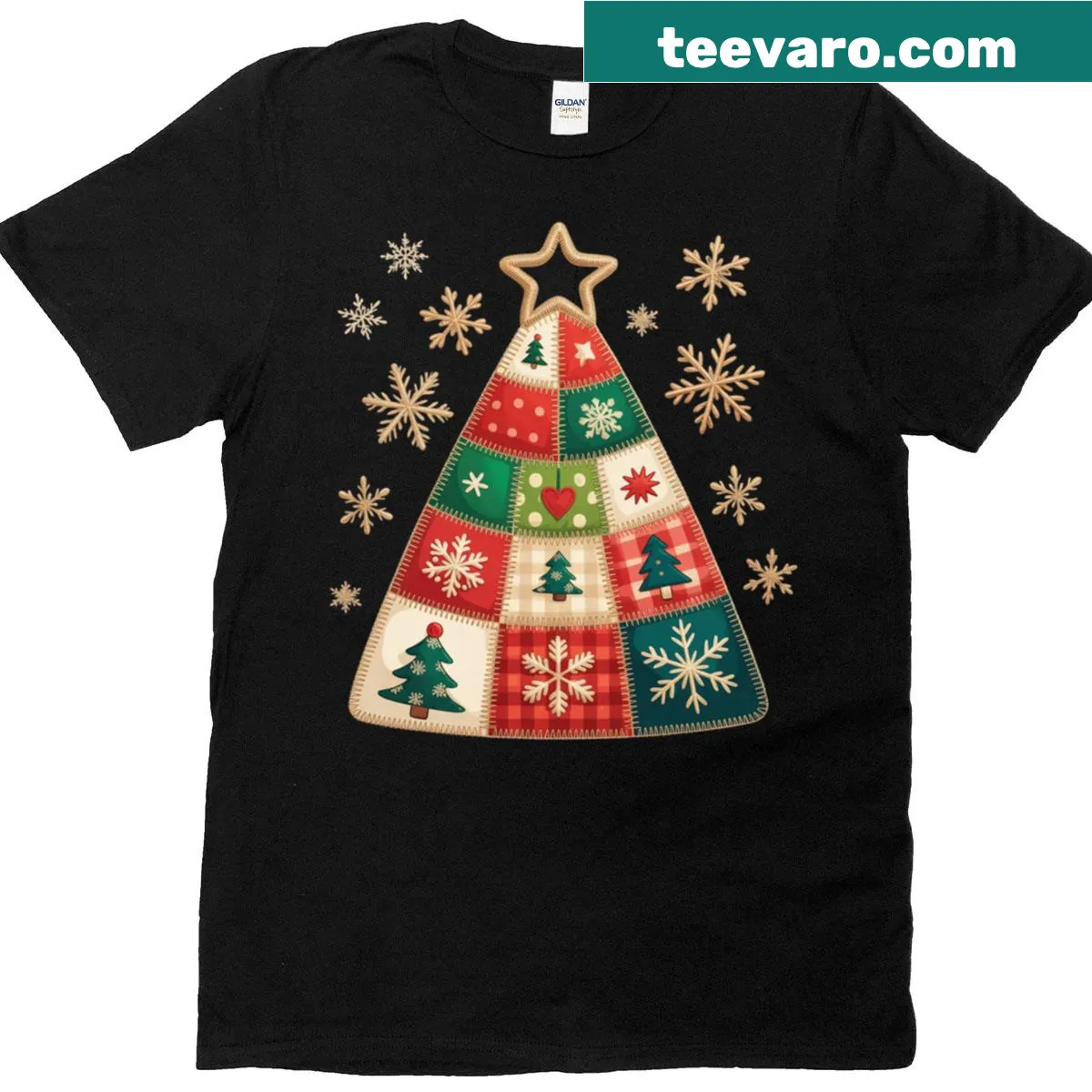 Cozy family t-shirt with a festive Christmas tree patchwork design — on a men's t-shirt