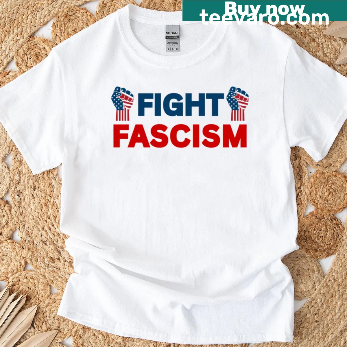 Graphic of a raised fist with anti-fascist text — on a men's t-shirt