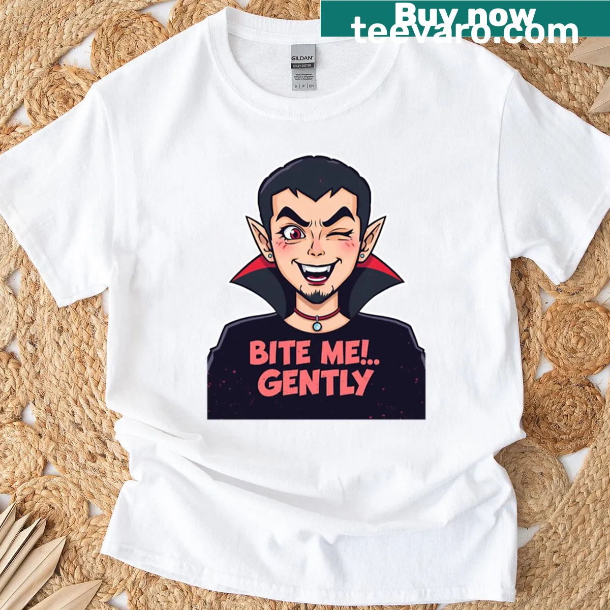 Oversized t-shirt with 'Bite Me Gently' text design — on a men's t-shirt