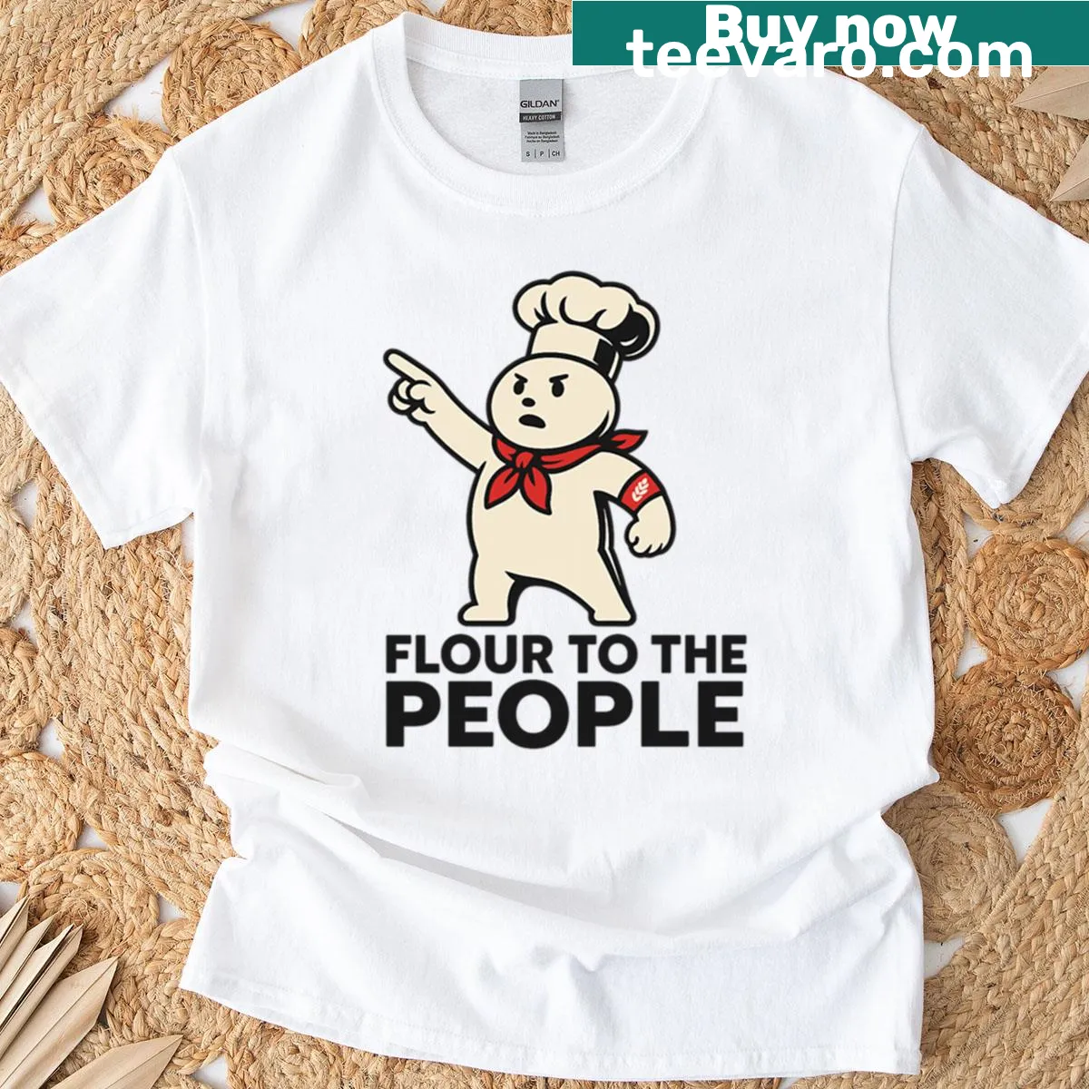 Retro parody baking t-shirt with 'Flour To The People' text — on a men's t-shirt