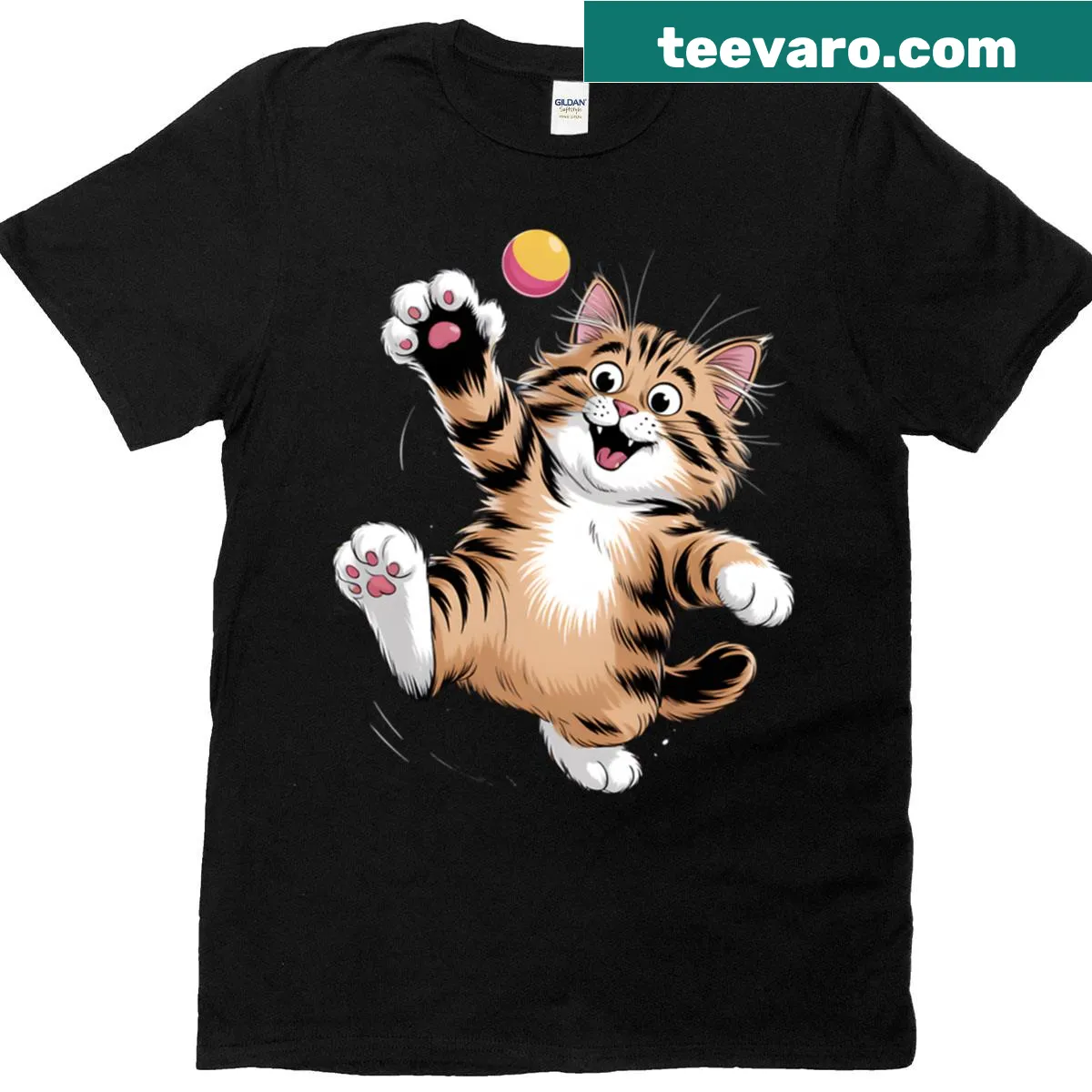 Cartoon design of a fluffy cat mid-jump on a T-shirt — on a men's t-shirt