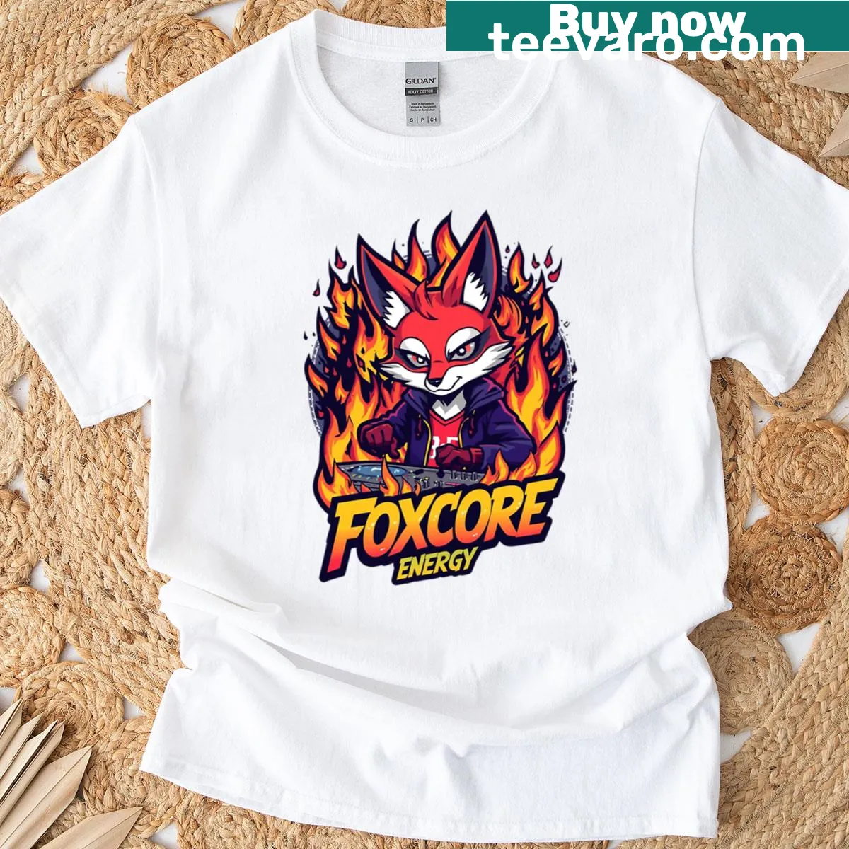 T-shirt with a graphic of a DJ fox — on a men's t-shirt